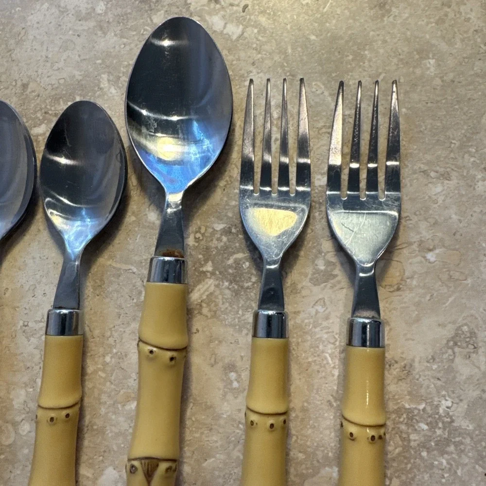 VTG 6 Faux Bamboo Plastic Handle Stainless Flatware‎ Cambridge TIKI spoons forks